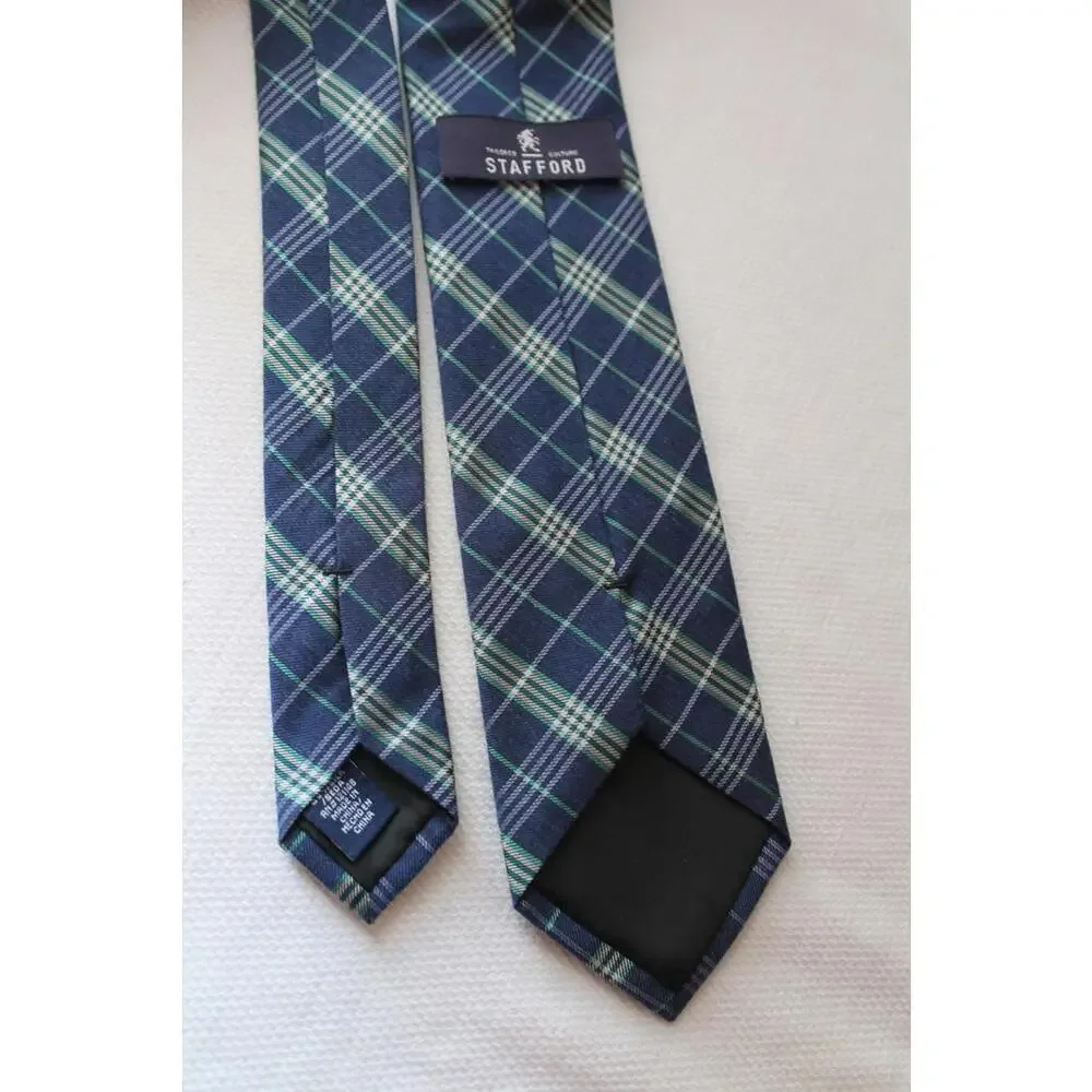 Vintage STAFFORD Cotton Silk Blend Necktie, Navy, White, Green Plaid, 3 X 57